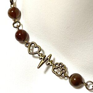 Cute Purple Cat's Eye Bronze Paw Print Heart Beat Adjustable Pendant Choker